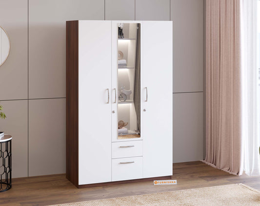 Markon 3 Door Wardrobe with Mirror - White & Walnut Finish - Furnishka