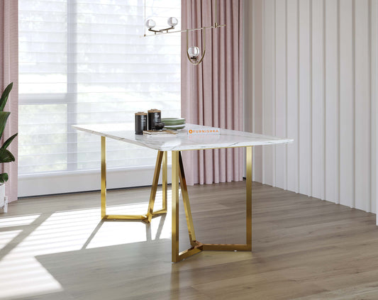 Olzaa Dining Table with White Engineered Marble Top - 6 Seater - Furnishka
