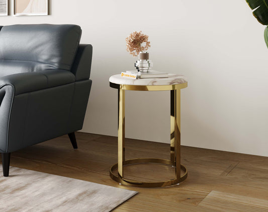Arcus Side Table with White Engineered Marble Top - Furnishka