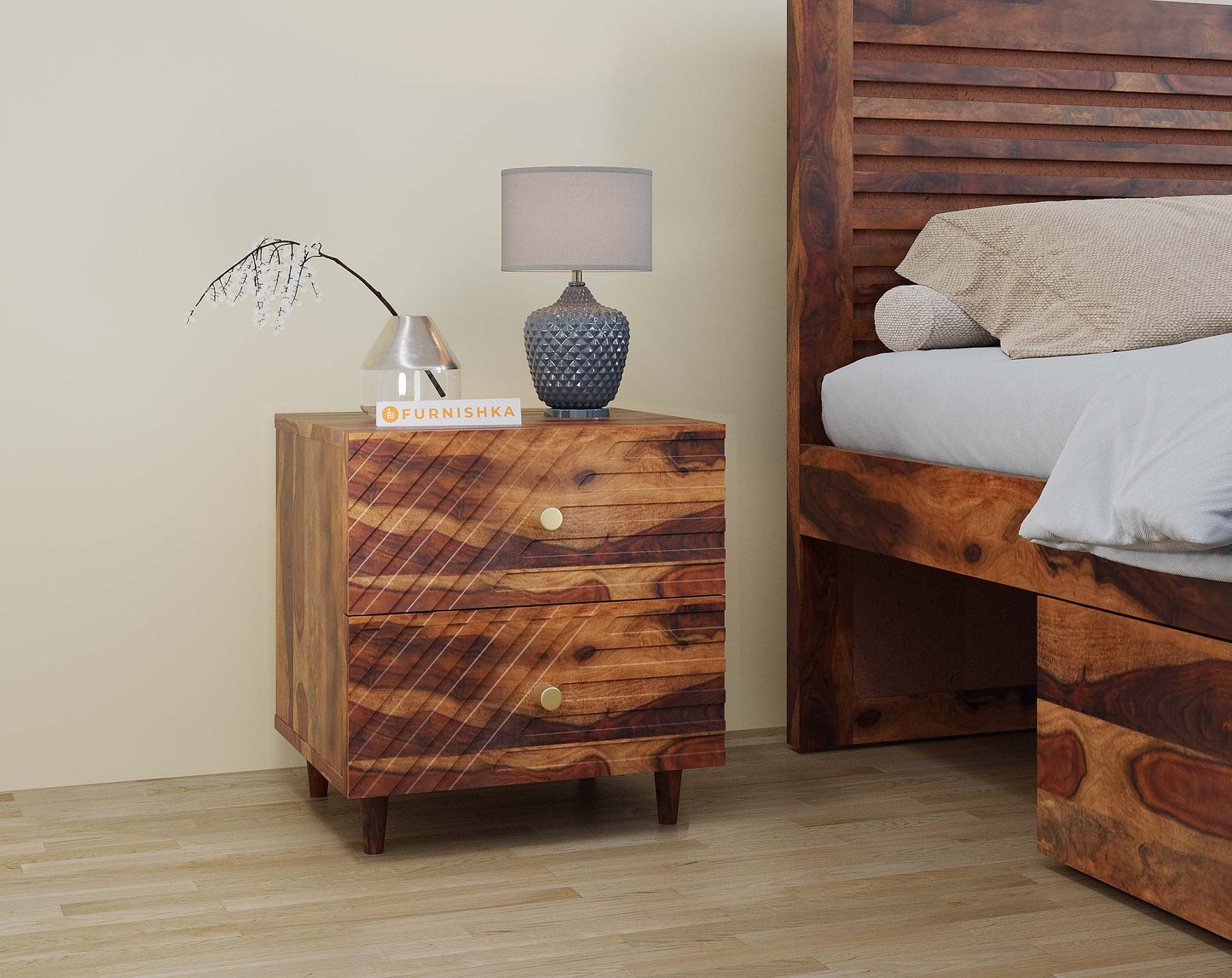 Stella Double Drawer Bedside Table In Sheesham - Furnishka