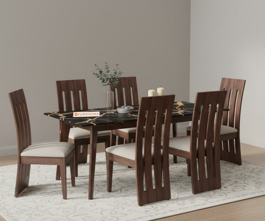 Vedh 6 Seater Dining Set with Top - Black Engineered Marble