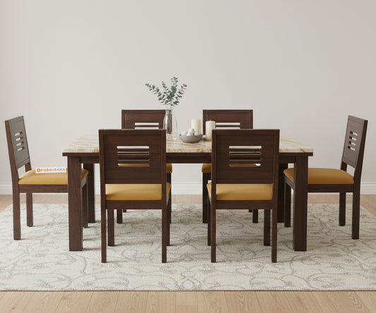 Zhera 6 Seater Dining Sets with Rosalia Gold Engineered Marble Sandwich Top