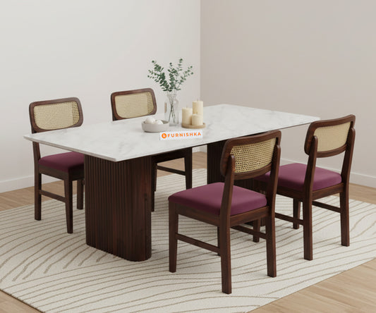 Swaarno 4 Seater Dining Sets with White Engineered Marble Top in Dark Walnut Finish