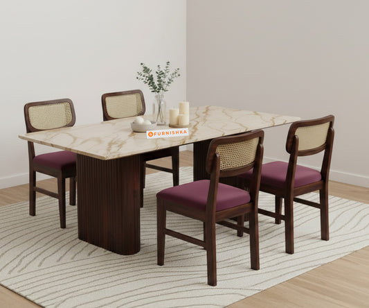 Swaarno 4 Seater Dining Sets with ROSALIA GOLD sandwich Engineering Marble Top in Dark Walnut Finish