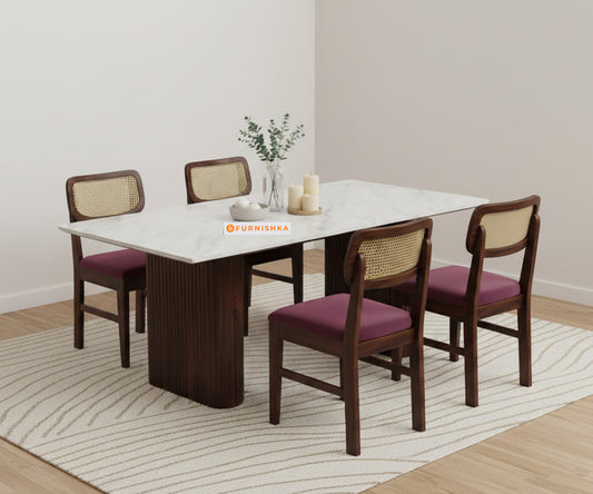 Swaarno 4 Seater Dining Sets with Quartz sandwich Engineering Marble Top in Dark Walnut Finish