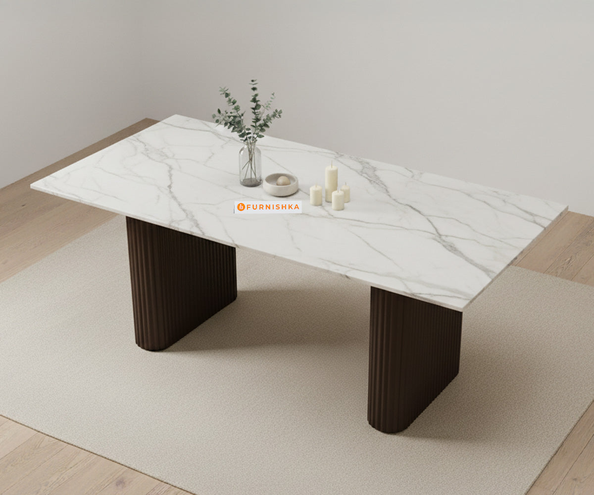 Swaarno 4 Seater Dining Sets with Quartz sandwich Engineering Marble Top in Dark Walnut Finish