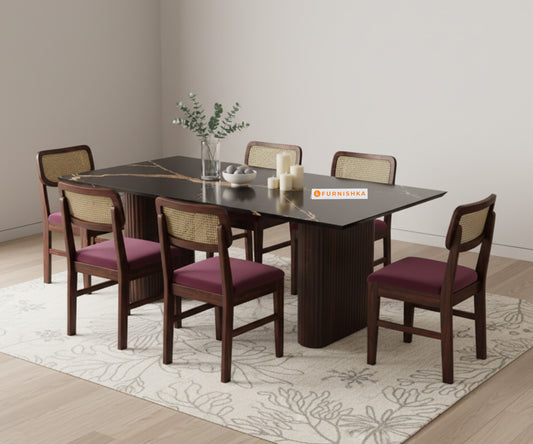 Swaarno 6 Seater Dining Sets with Black Engineered Marble Top in Dark Walnut Finish