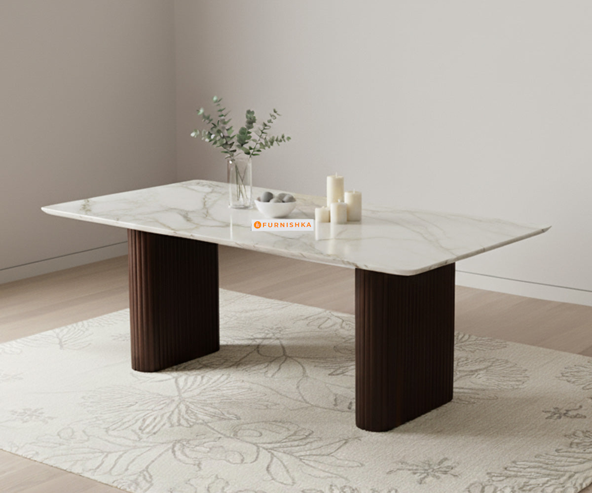 Swaarno 6 Seater Dining Sets with Quartz sandwich Engineering Marble Top in Dark Walnut Finish