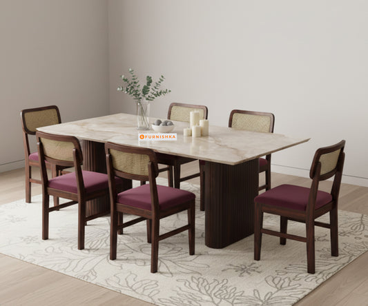 Swaarno 6 Seater Dining Sets with Indian Marble sandwich Engineering Marble Top in Dark Walnut Finish
