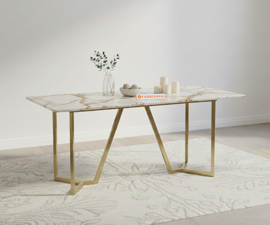 Aanvo 6 Seater Dining sets with ROSALIA GOLD sandwich Engineering Marble Top in Gold Finish - Furnishka