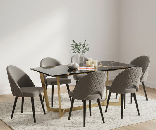Aanvo 6 Seater Dining sets with Black Engineered Marble Top In Gold Finish - Furnishka