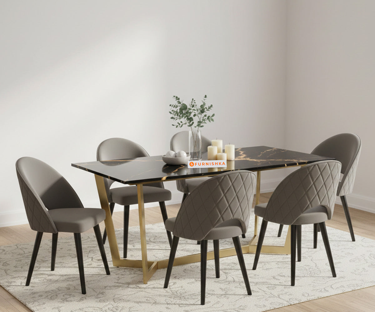 Aanvo 6 Seater Dining sets with Black Engineered Marble Top In Gold Finish - Furnishka