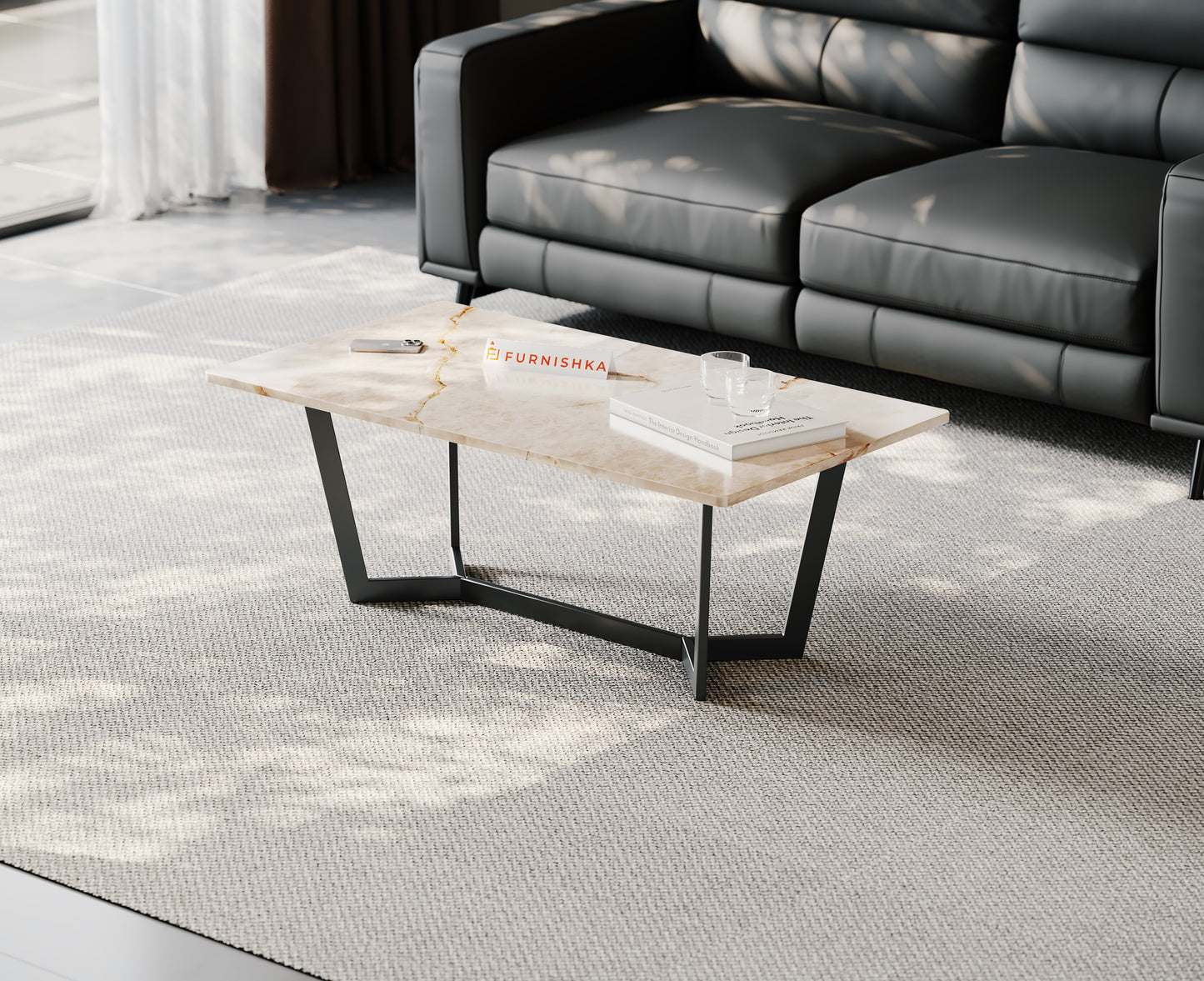 Aanvo Coffee Table with Indian Marble Top in Black Finish - Furnishka