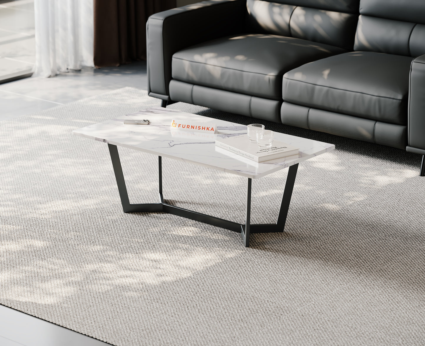 Aanvo Coffee Table with Quartz Marble Top in Black Finish - Furnishka