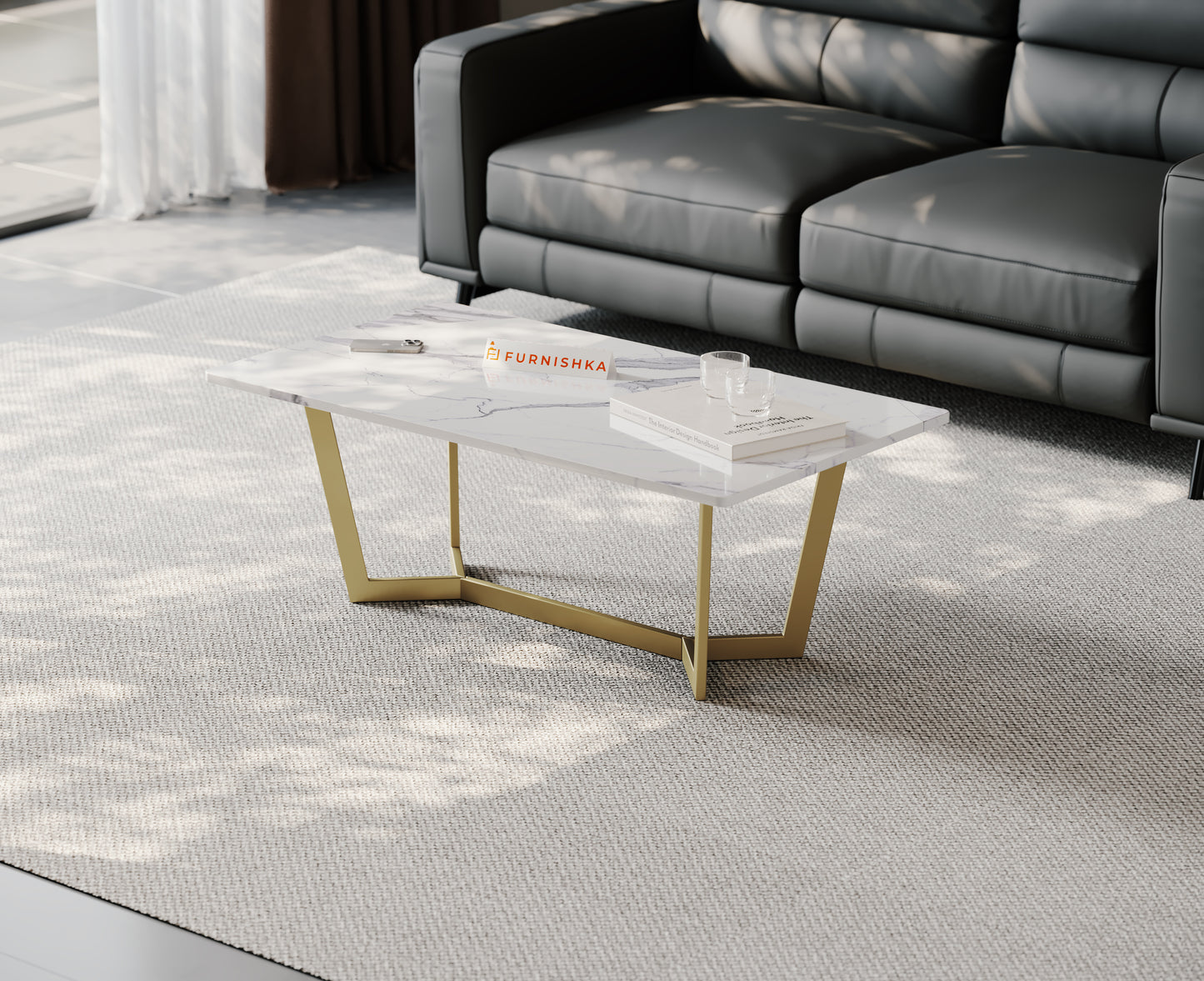 Aanvo Coffee Table with Quartz Marble Top in Gold Finish - Furnishka