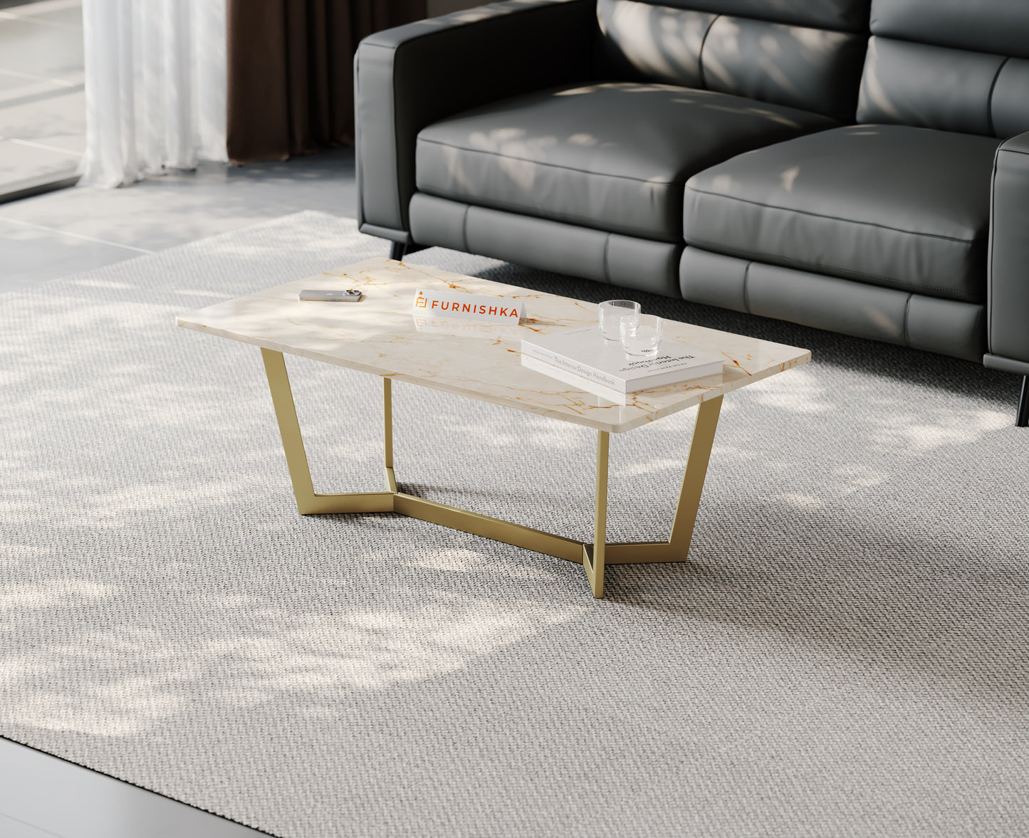 Aanvo Coffee Table with ROSALIA GOLD Marble Top in Gold Finish - Furnishka