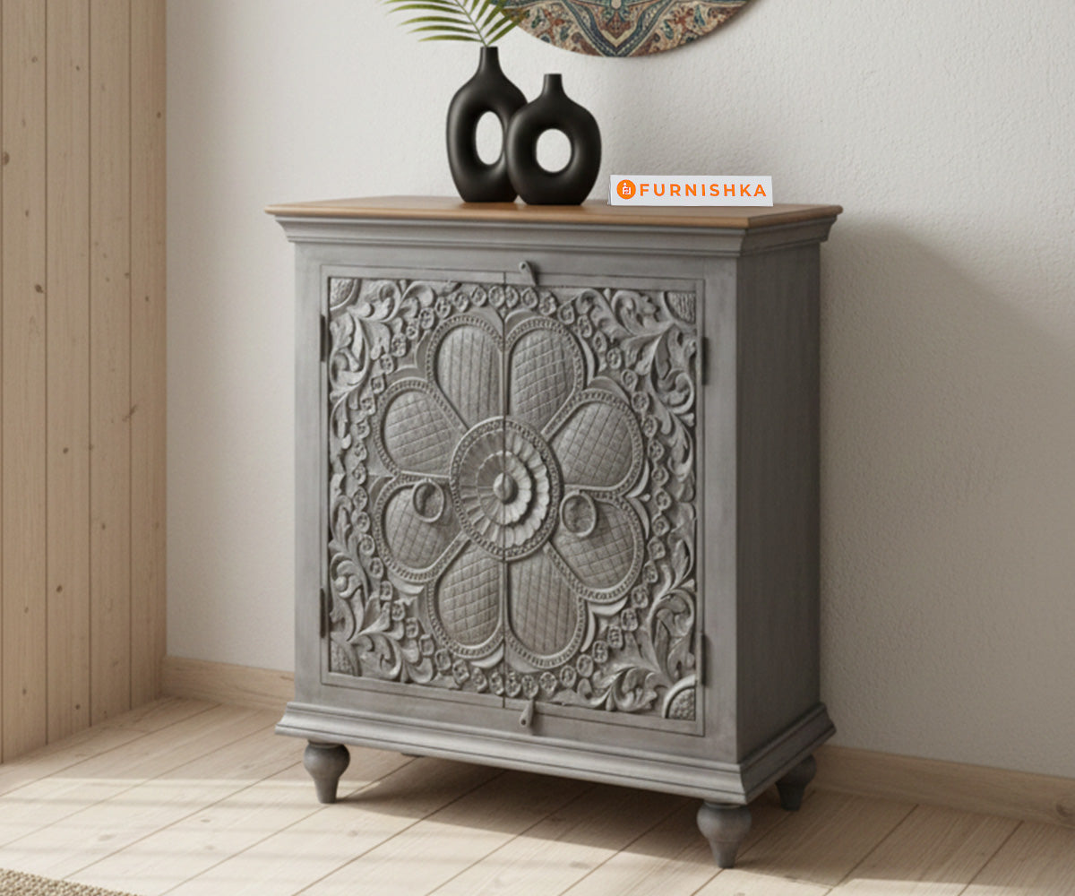 Aarav Carved Two Door Cabinet Distressed - Furnishka