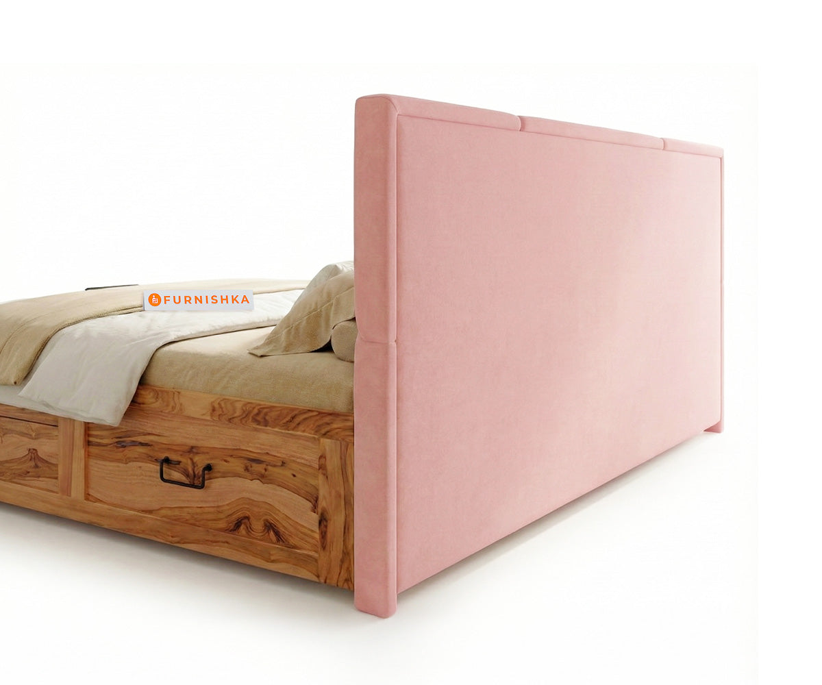 Agatha Real Teak Wood Hydraulic Bed King Size Flamingo Pink - Furnishka