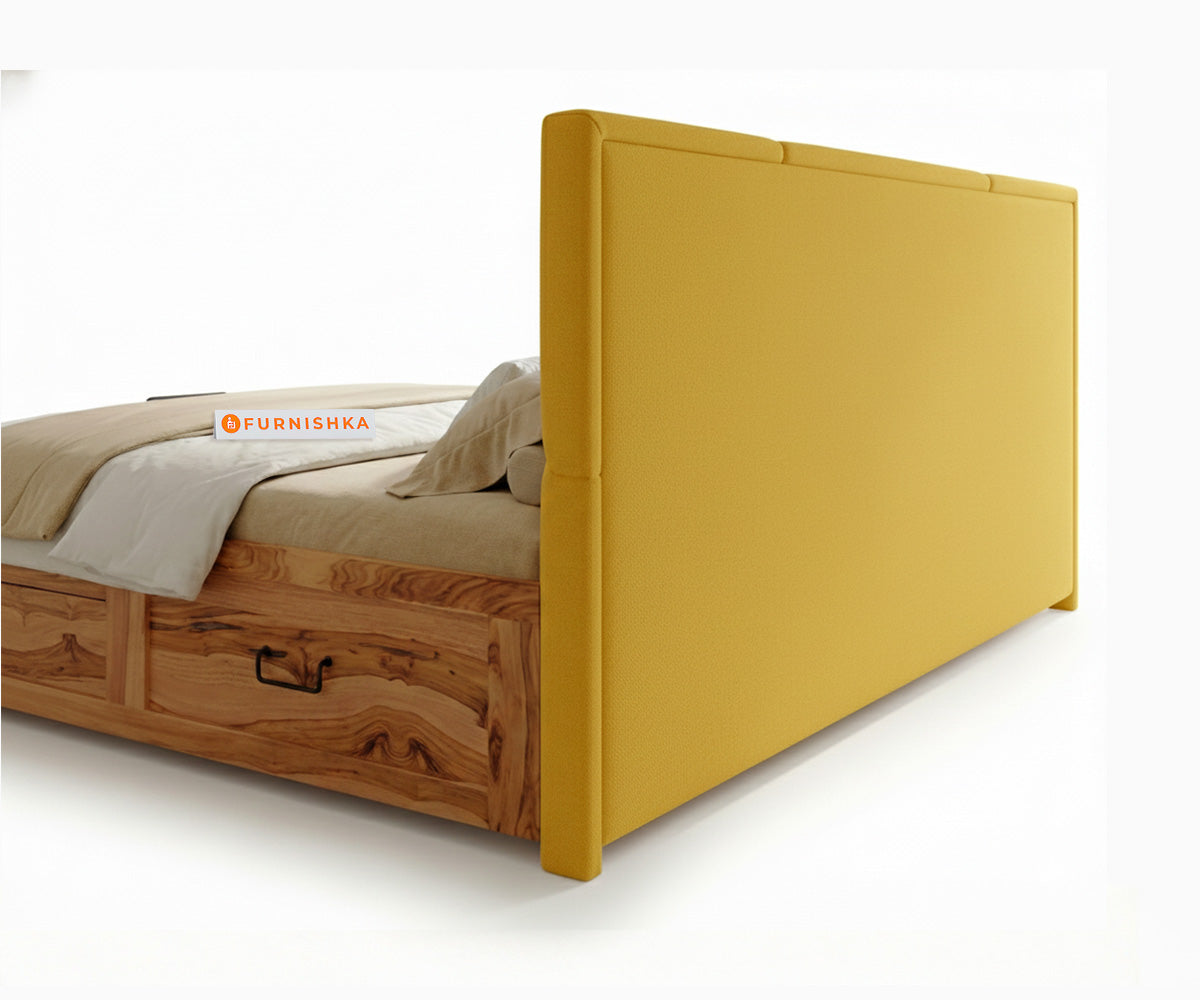 Agatha Real Teak Wood Hydraulic Bed King Size Mustard Yellow - Furnishka