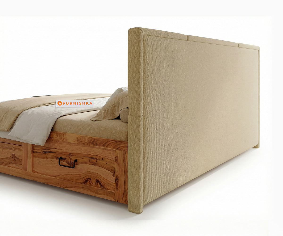 Agatha Real Teak Wood Hydraulic Bed Queen Size Light Beige - Furnishka