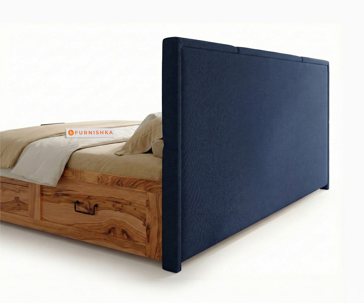 Agatha Real Teak Wood Hydraulic Bed Queen Size Persian Blue - Furnishka