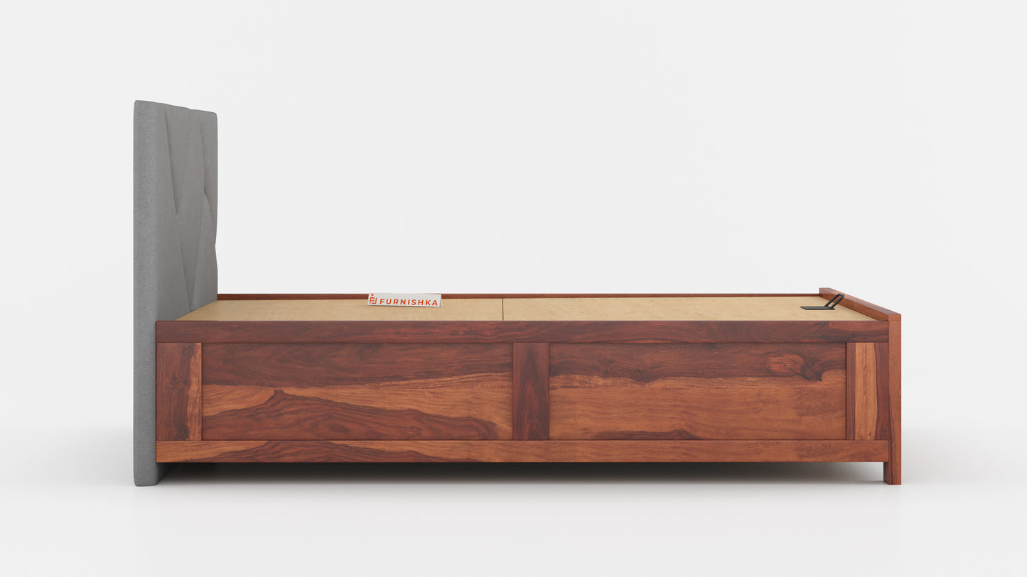 Agatha Sheesham Wood bed with Upholstered headboard Hydraulic Storage King Size - Furnishka