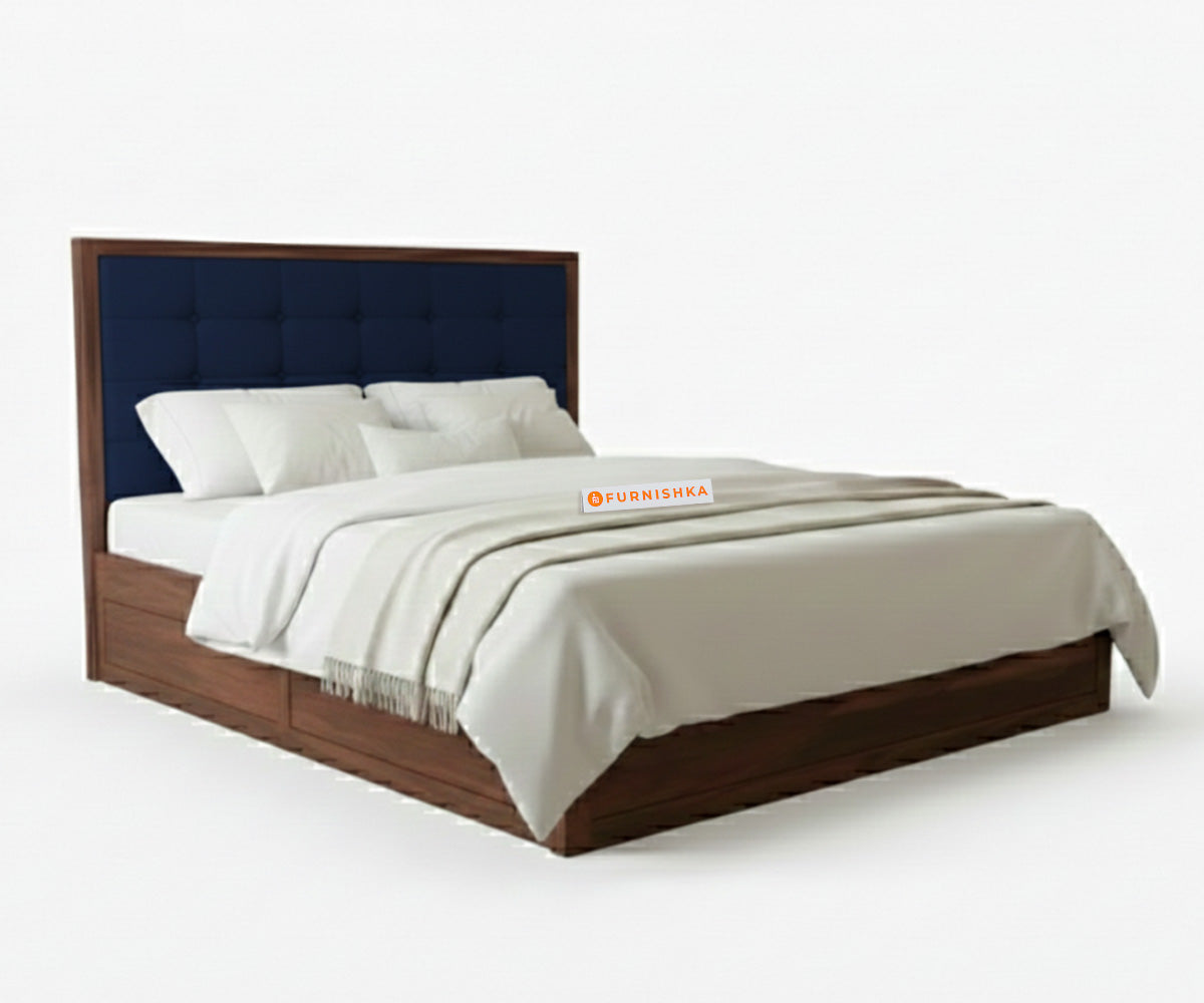 Amblyn Sheesham Wood Box Storage Bed Queen Size - Persian Blue - Furnishka