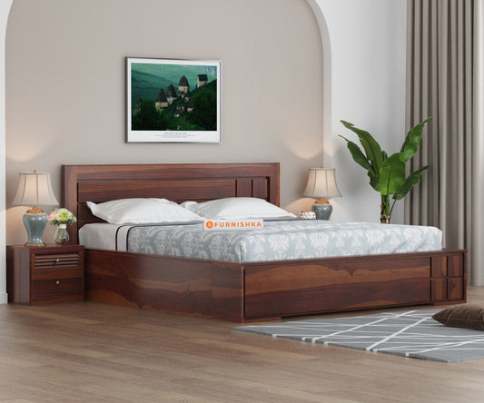Amelia Sheesham wood Hydraulic Storage Bed Queen Size - Furnishka