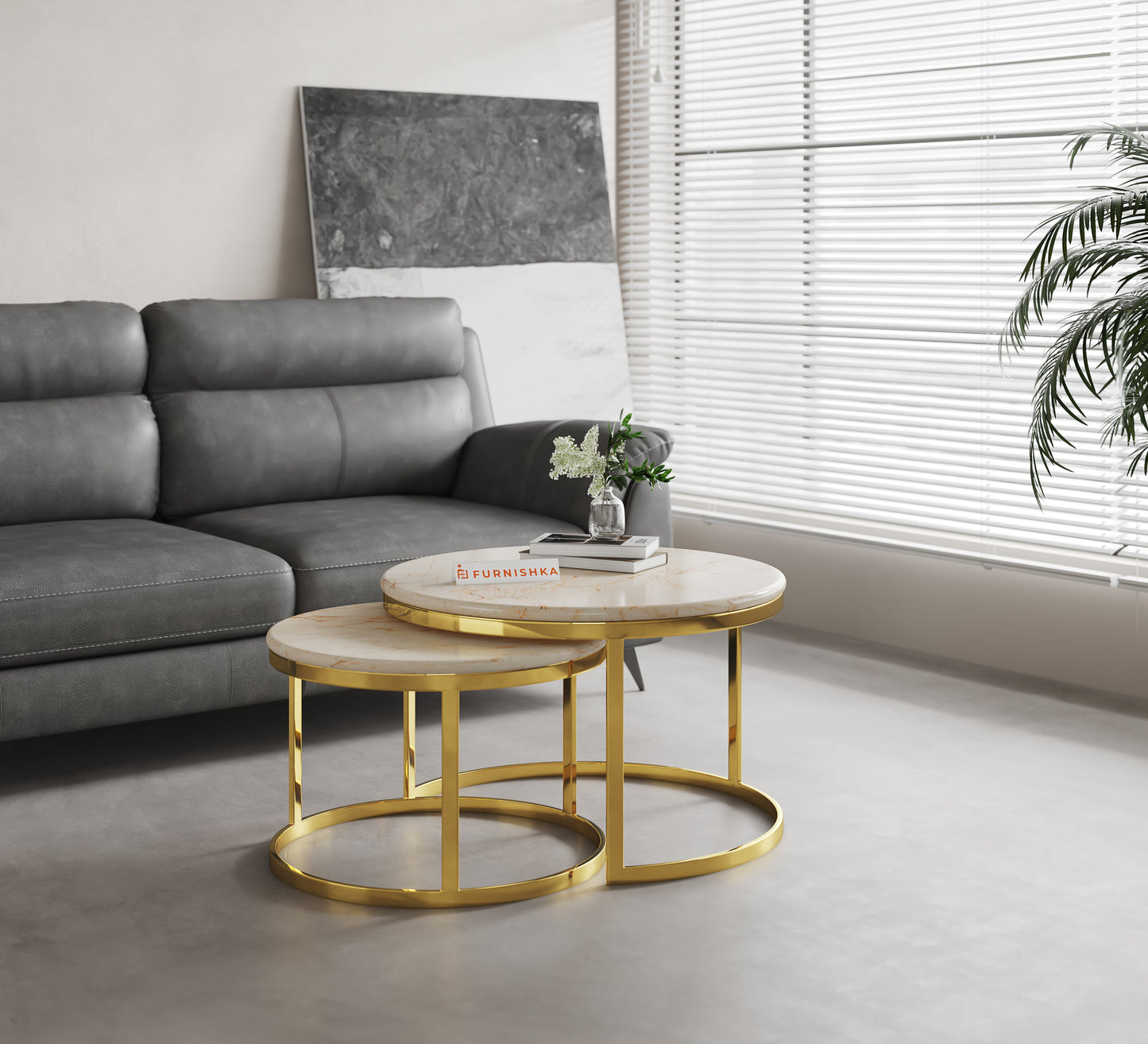 Arcus Nesting Table with ROSALIA GOLD Marble Top in Gold Finish - Furnishka