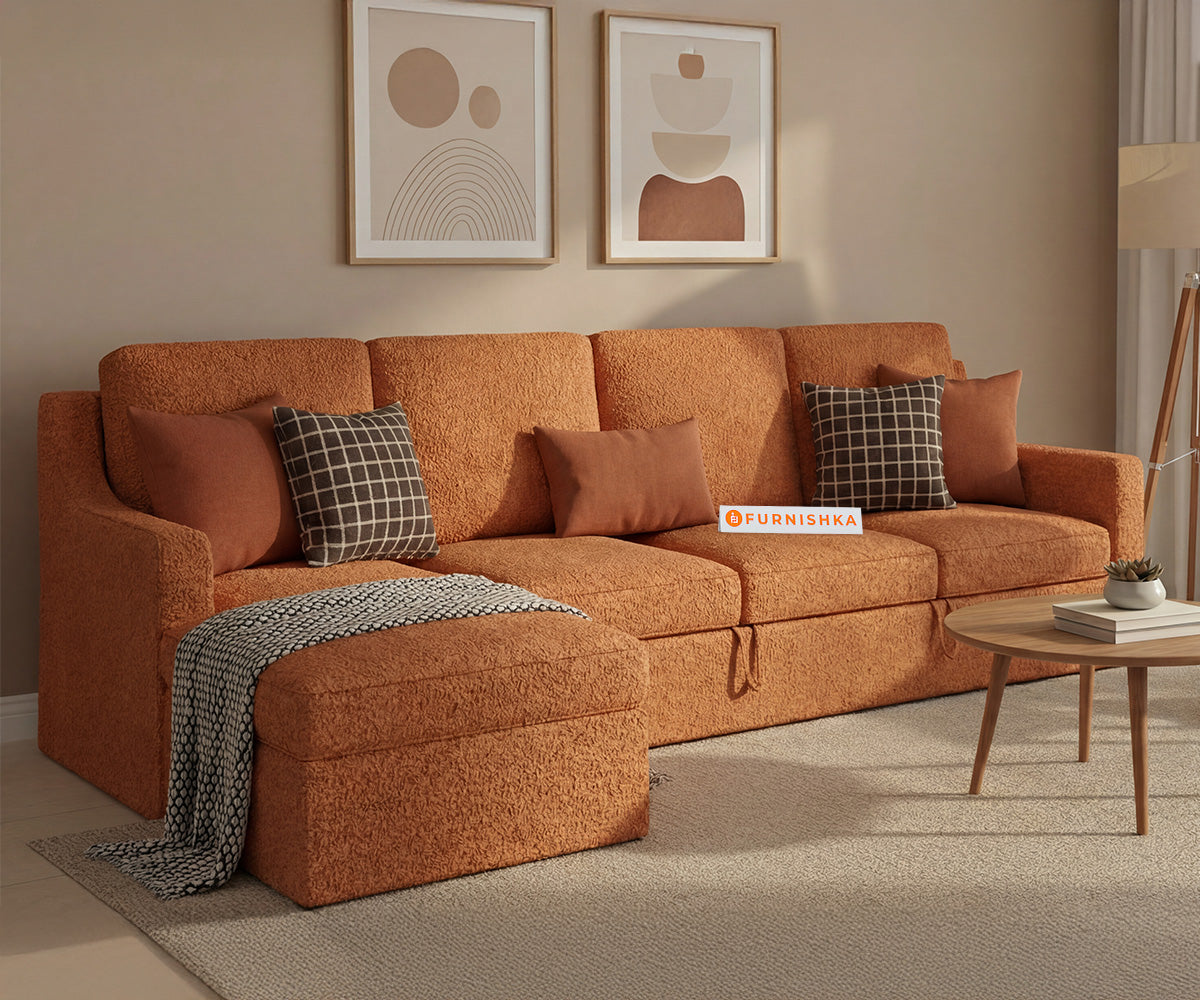 Arrasso 3 Seater Sofa Cum Bed with Anthology Fabric Orange -LHS - Furnishka