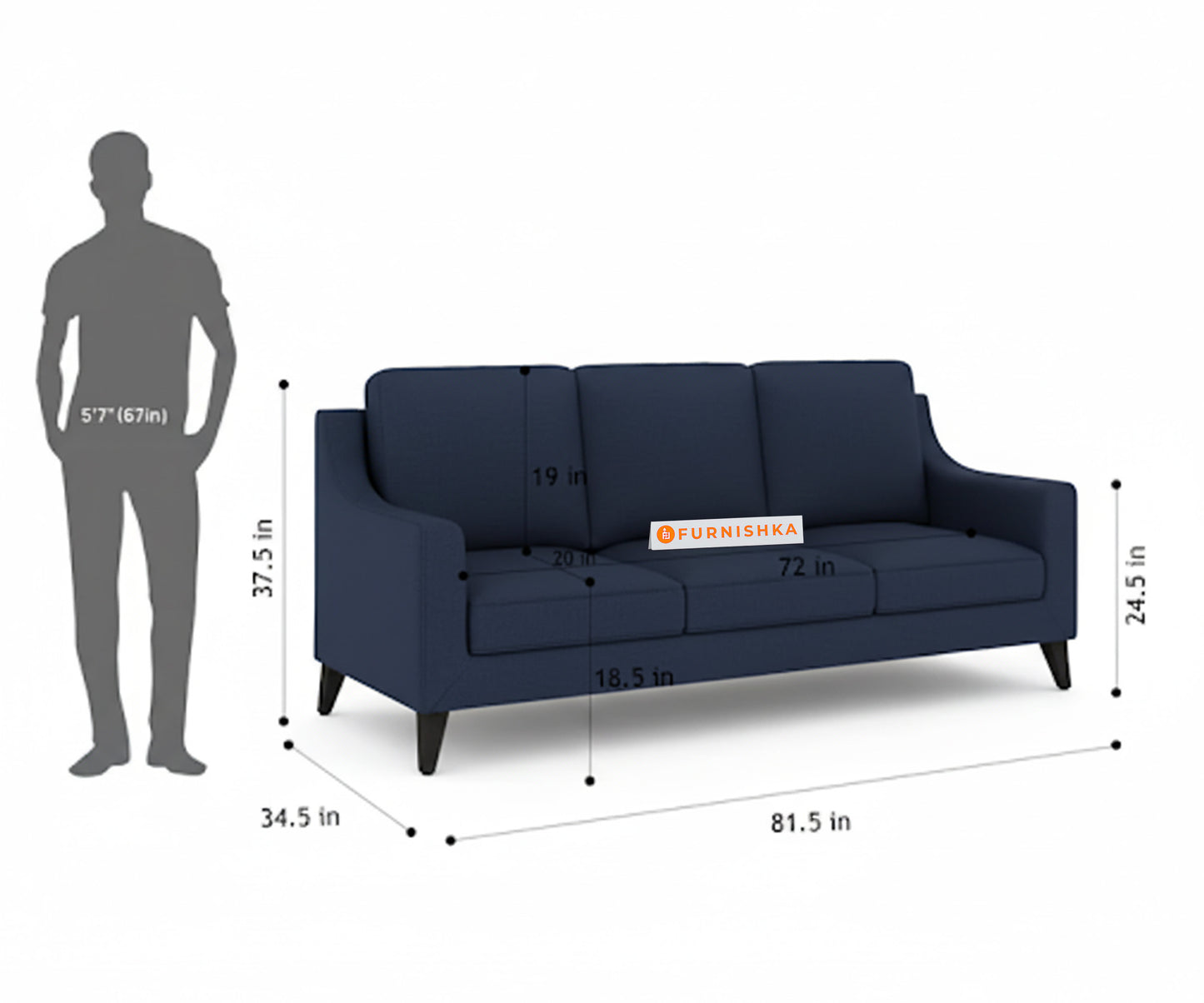 Arrasso 3 Seater Sofa Dark Navy Blue - Furnishka