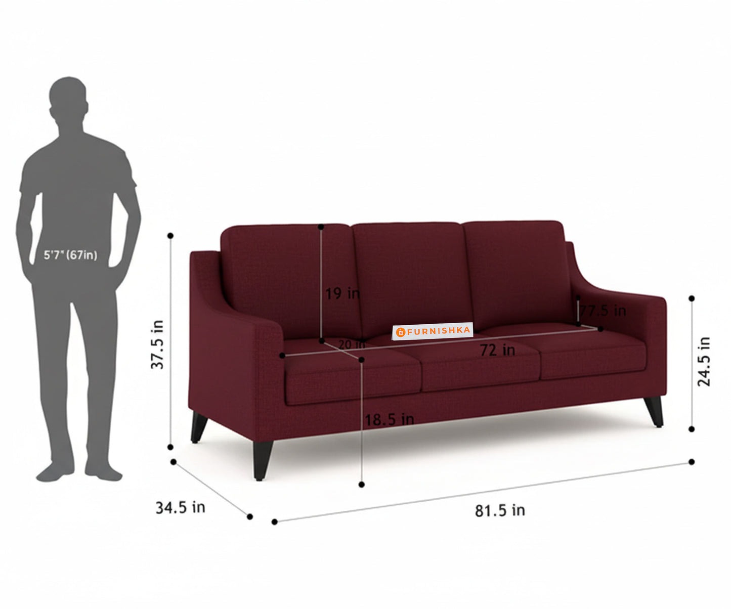 Arrasso 3 Seater Sofa Red Wine - Furnishka
