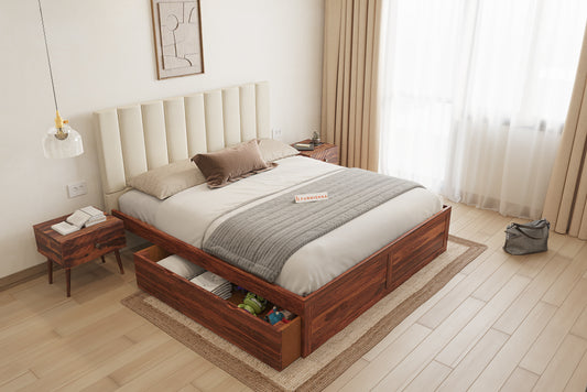 Augustus Sheesham Wood bed with Upholstered headboard Drawer Storge Queen Size - Furnishka