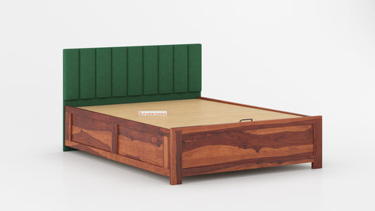 Augustus Sheesham Wood bed with Upholstered headboard Hydraulic Storage Queen Size - Furnishka