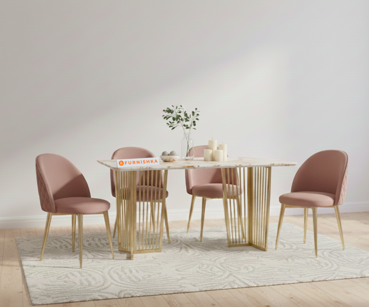 Barolo 4 Seater Dining Sets with Rosalia Gold sandwich Engineering Marble Top - Gold Finish - Furnishka