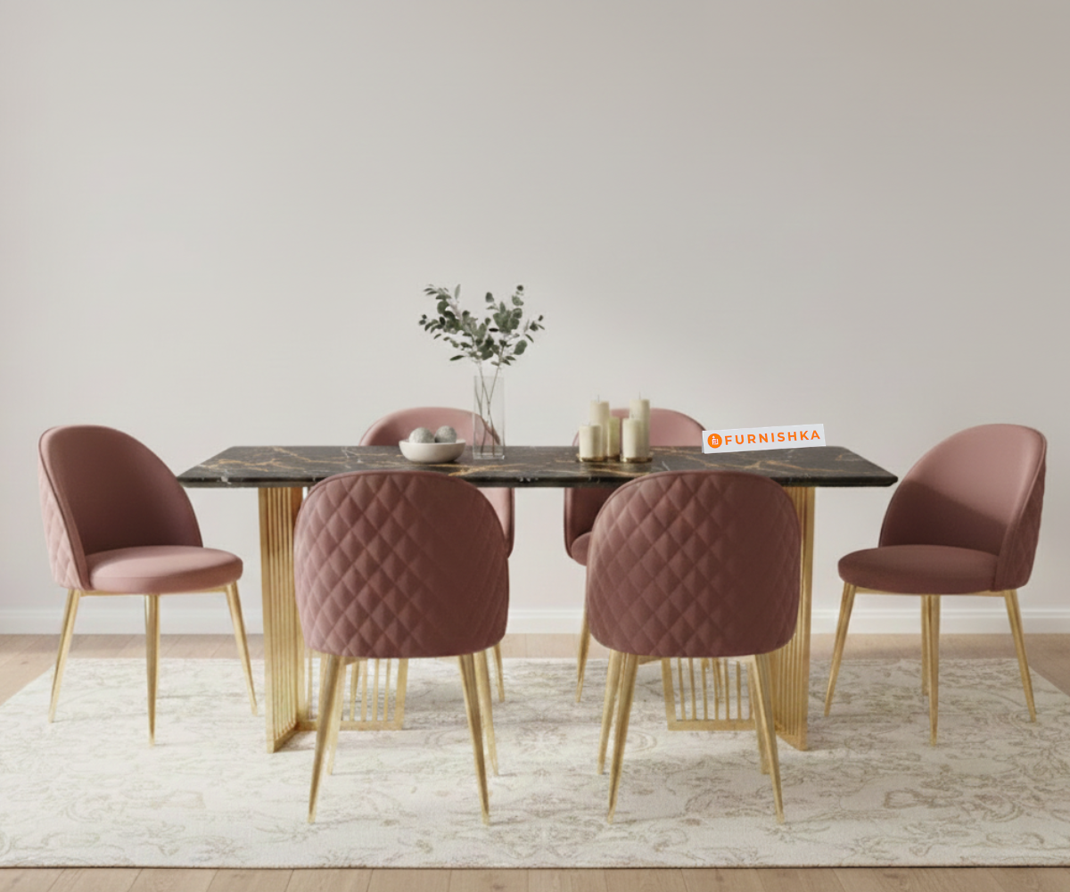 Barolo 6 Seater Dining Sets with Black Engineered Marble Top - Furnishka