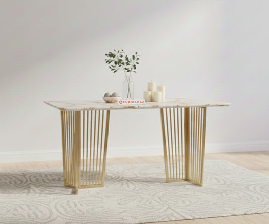 Barolo Dining Table with ROSALIA GOLD sandwich Engineering Marble Top - 4 Seater in Gold Finish - Furnishka