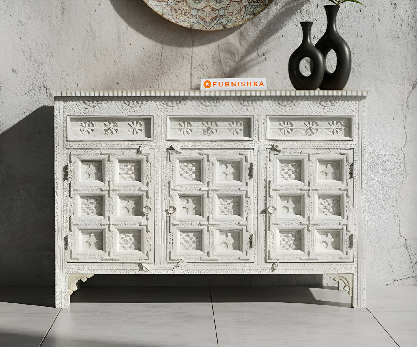 Block Grid Carved with 3 drawers 3 shutters Distressed - Furnishka