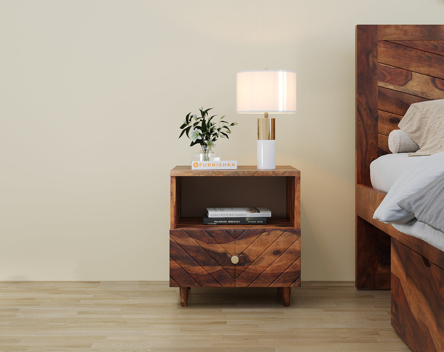Chevora Lower Drawer Bedside Table In Sheesham - Yoho - Furnishka