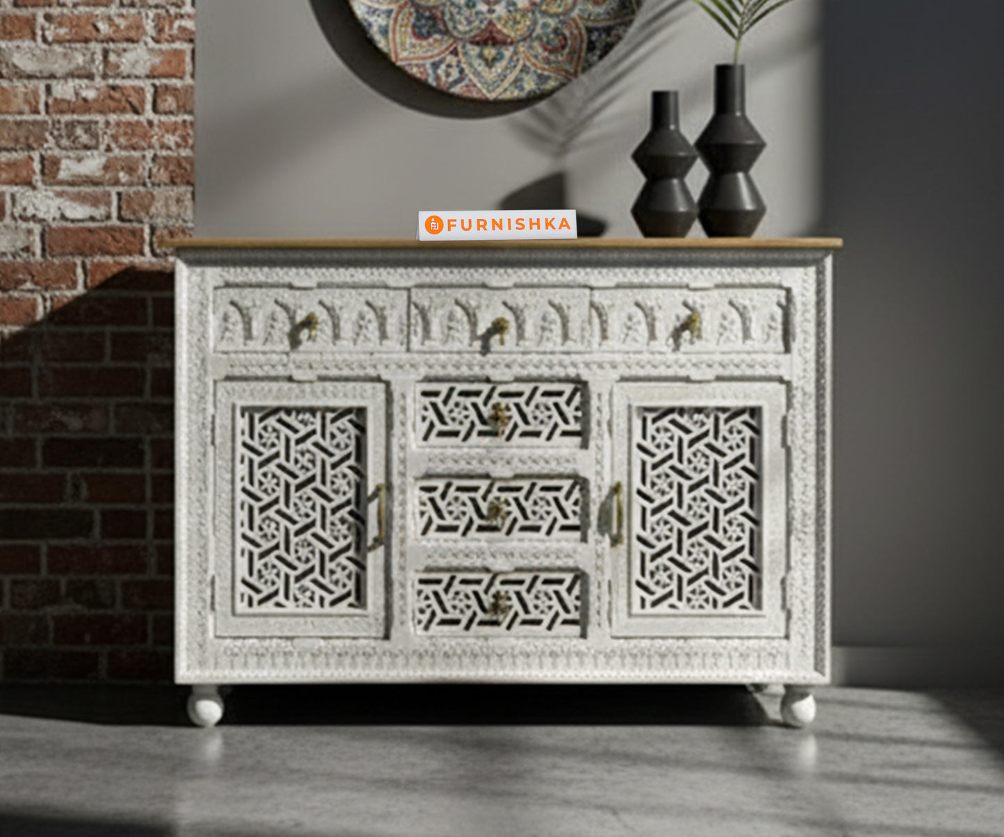 Classic Geometric Pattern Cabinet Distressed - Furnishka