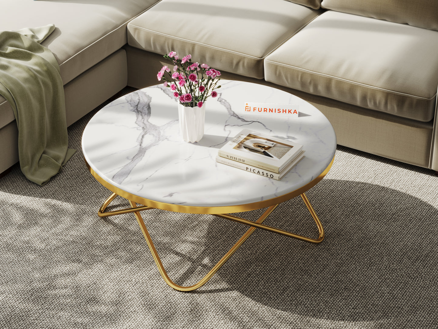 Clos Coffee Table with Quartz Marble Top in Gold Finish - Furnishka