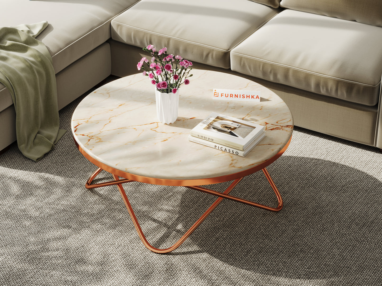 Clos Coffee Table with ROSALIA GOLD Marble Top in Rose Gold Finish - Furnishka