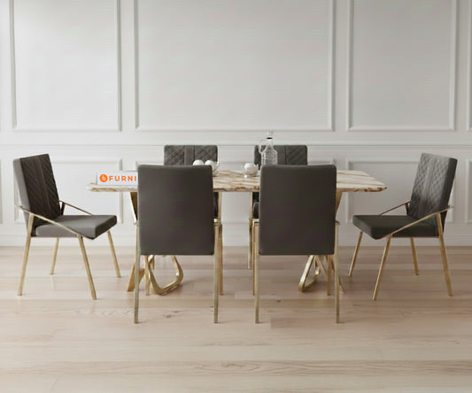 Dolce 6 Seater Dining Sets with ROSALIA GOLD sandwich Engineering Marble Top - Furnishka