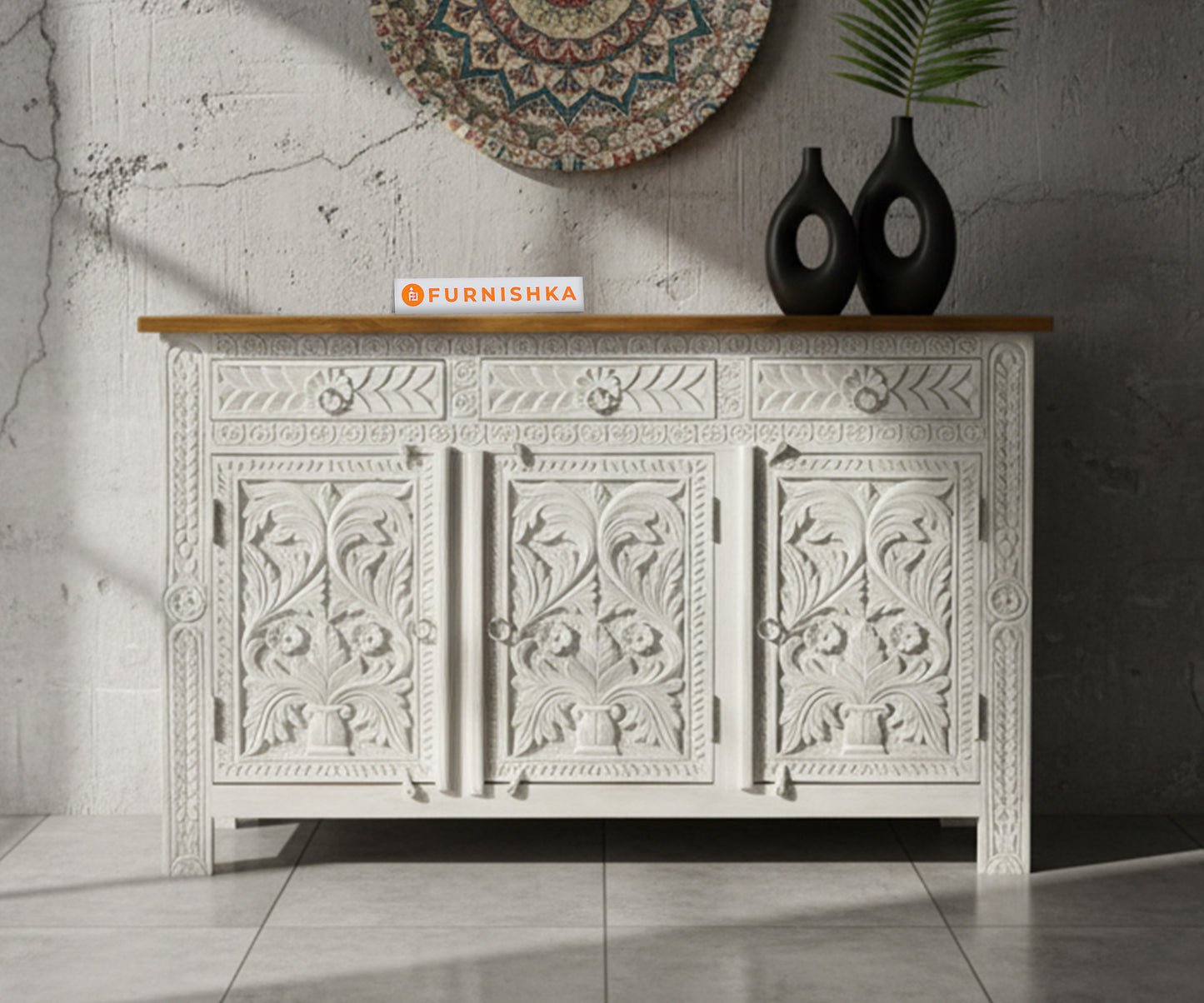 Floral Carved Triple Door Distressed - Furnishka