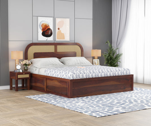 Hester Sheesham Wood Cane Bed With Hydraulic Storage - Queen Size - Furnishka