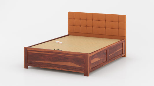 Irene Sheesham Wood bed with Upholstered headboard Hydraulic Storage Queen Size - Furnishka