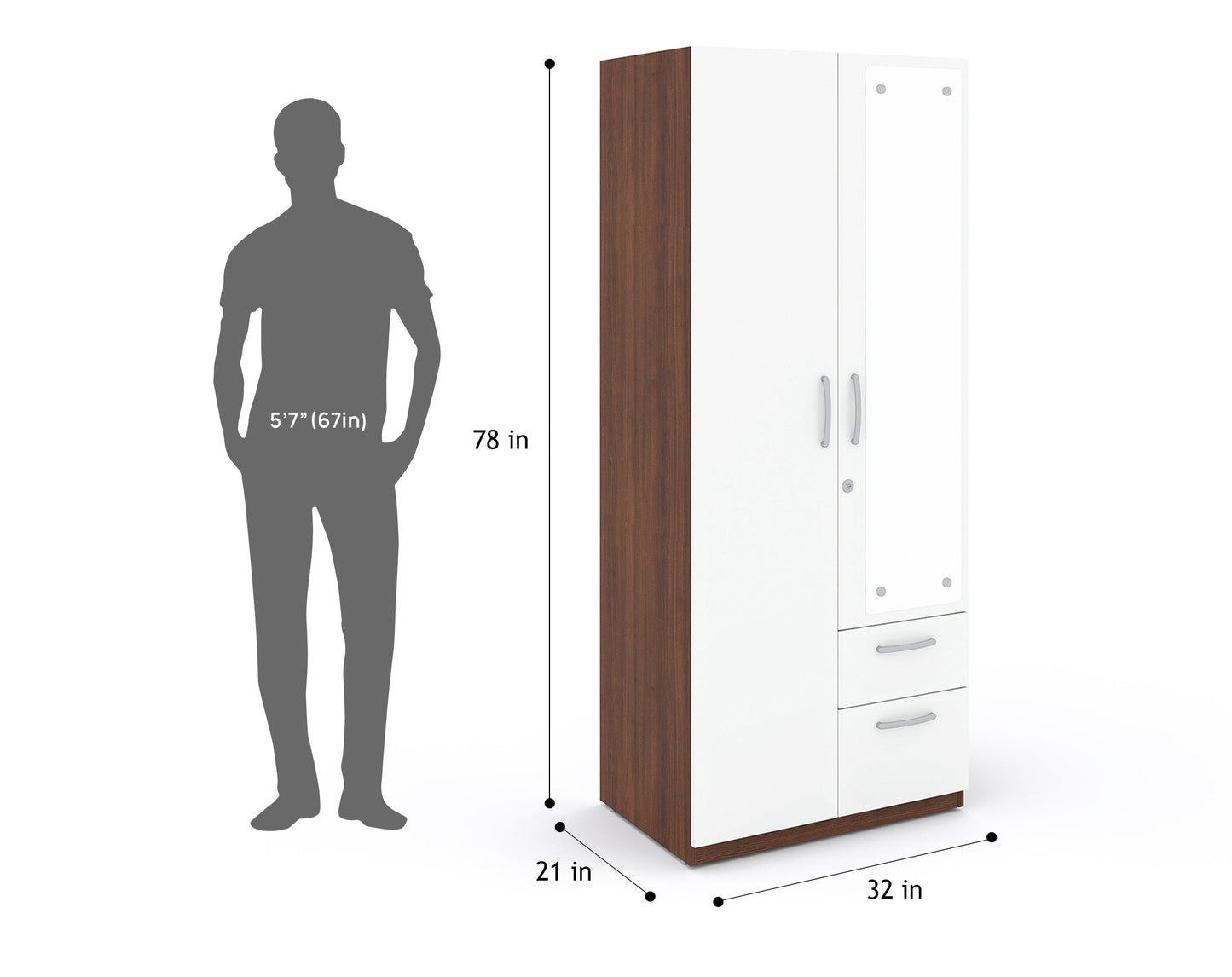 Markon 2 Door Wardrobe with Mirror - White & Walnut Finish - Furnishka