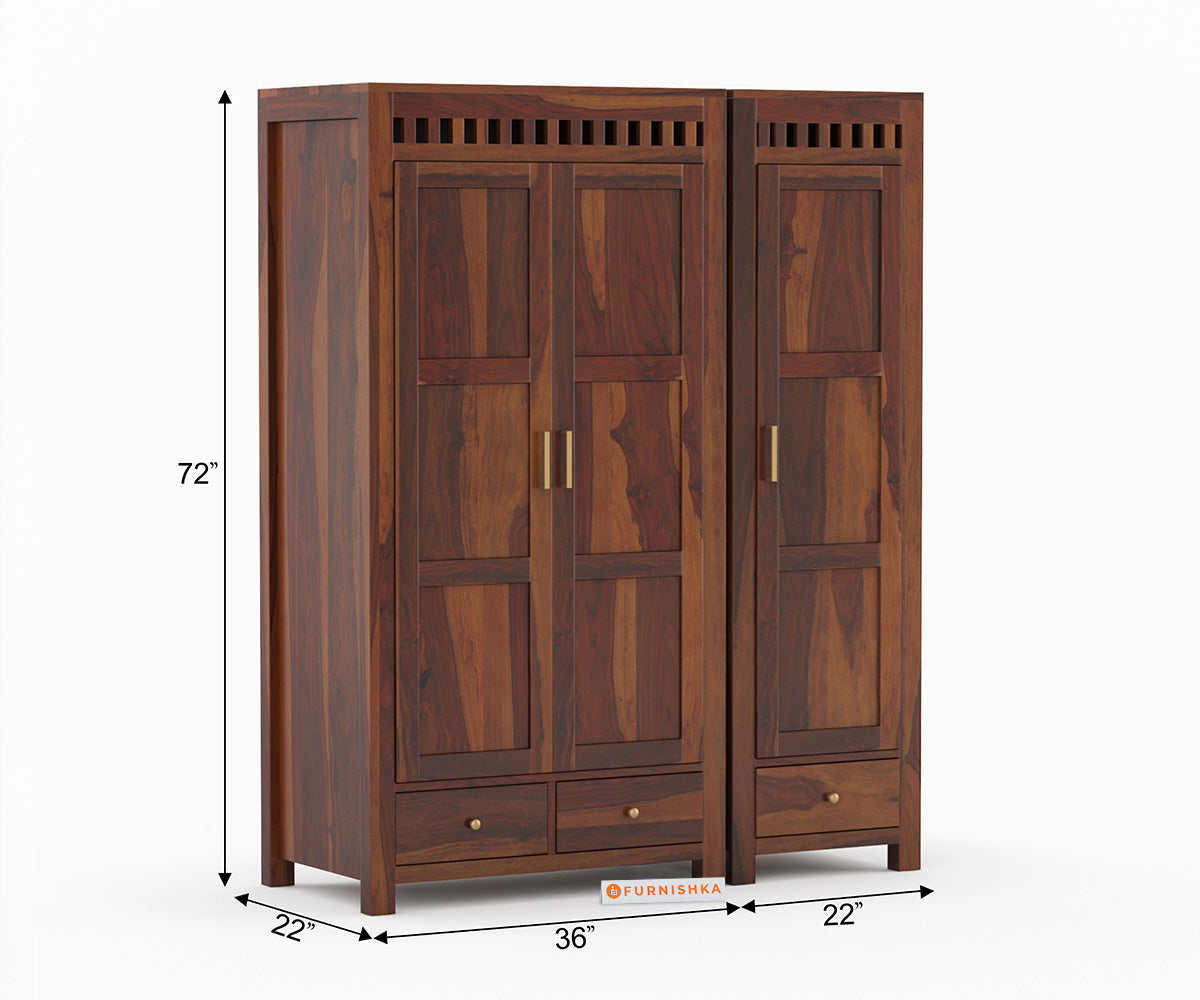 Meody 3 Door Solid Sheesham Wood Wardrobe - Furnishka