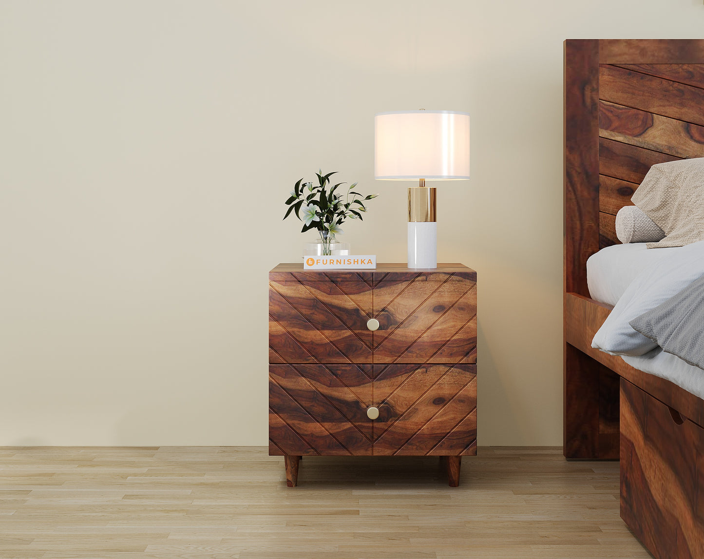 Chevora Yoho Double Drawer Bedside Table In Sheesham - Furnishka