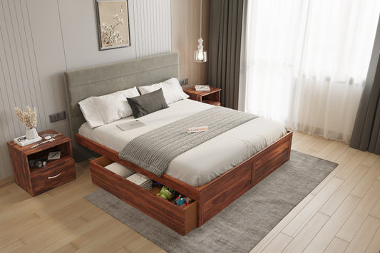 Niva Sheesham Wood bed with Upholstered headboard Drawer Storge Queen Size - Furnishka